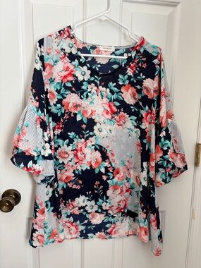 Cherish Navy Floral Ruffle-Sleeve Tunic with Coral and Mint Accents